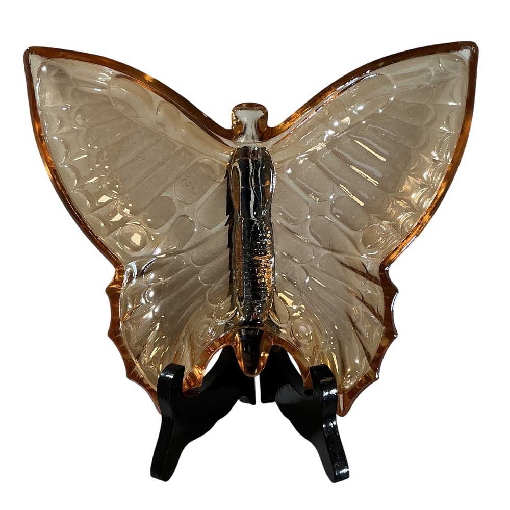 Indiana Glass Marigold Iridescent Amber Carnival Glass Butterfly Trinket Dish